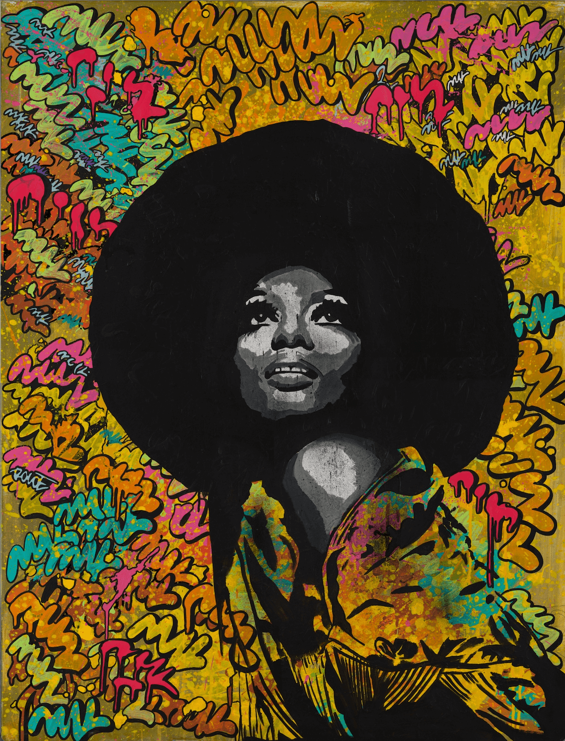 queen of the night disco pop art street art femme noire Black Lives Matter orange coloré tableau art piece d'art affiche toile décoration interieur portrait feminisme aretha franklin